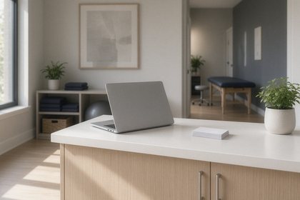 A tidy clinic front desk with a closed laptop, blank appointment cards and a small plant in morning light