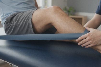 A patient, seen from the waist down, does a seated knee extension with a resistance band while a therapist guides the ankle