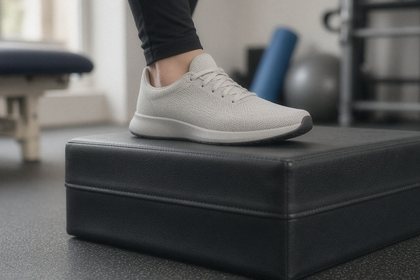 A sneakered foot steps up onto a low black plyo box in a therapy gym