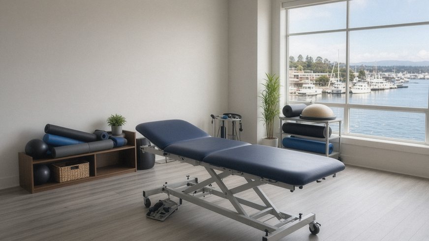A bright, empty physical therapy room with a treatment table and foam rollers, windows looking onto a harbor